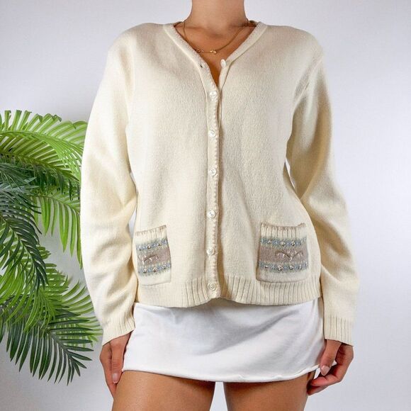Vintage 90s Cream Floral Cottagecore Wool Knit Grandma Sweater Cardigan / Large - Picture 1 of 5